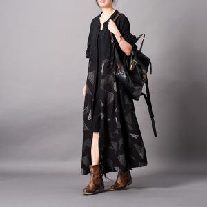 Geometric Pattern Linen Black Cardigan Oversized Button Down Shirt Dress