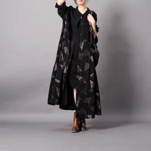 Geometric Pattern Linen Black Cardigan Oversized Button Down Shirt Dress