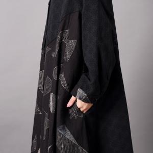 Geometric Pattern Linen Black Cardigan Oversized Button Down Shirt Dress