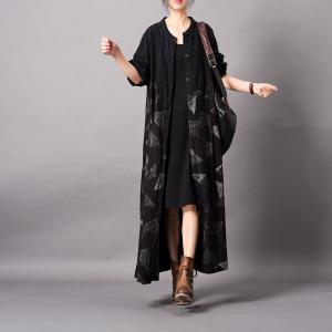 Geometric Pattern Linen Black Cardigan Oversized Button Down Shirt Dress