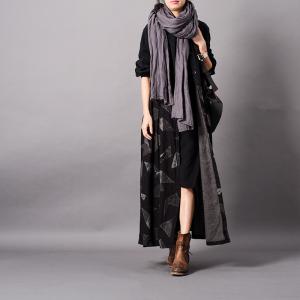 Geometric Pattern Linen Black Cardigan Oversized Button Down Shirt Dress