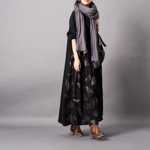 Geometric Pattern Linen Black Cardigan Oversized Button Down Shirt Dress