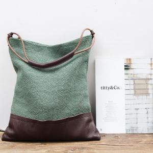 Cowhide Leather Splicing Cotton Linen Womans Bag Vintage Hobo Bag