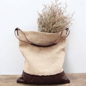 Cowhide Leather Splicing Cotton Linen Womans Bag Vintage Hobo Bag