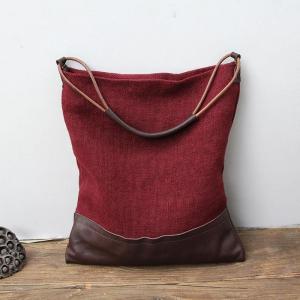 Cowhide Leather Splicing Cotton Linen Womans Bag Vintage Hobo Bag