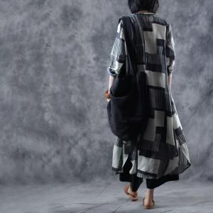 Classic  Plaids Spring Dress Ramie Oversized Shirt Dress