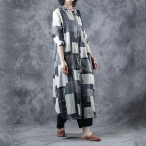 Classic  Plaids Spring Dress Ramie Oversized Shirt Dress