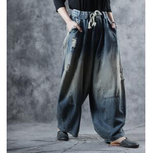 Vintage Blue Distressed Baggy Jeans Womans Fashion Wide Leg Jeans