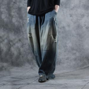 Vintage Blue Distressed Baggy Jeans Womans Fashion Wide Leg Jeans