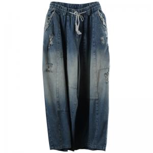 Vintage Blue Distressed Baggy Jeans Womans Fashion Wide Leg Jeans