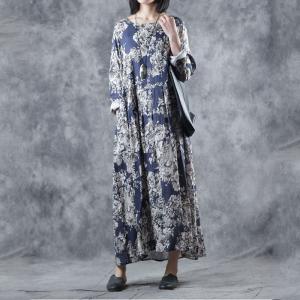 Blue Flowers Empire Waist Dress Ramie Loose Resort Dress