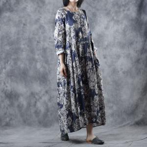 Blue Flowers Empire Waist Dress Ramie Loose Resort Dress