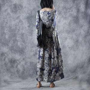 Blue Flowers Empire Waist Dress Ramie Loose Resort Dress