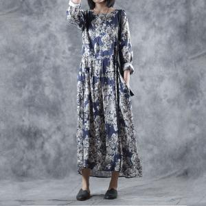 Blue Flowers Empire Waist Dress Ramie Loose Resort Dress