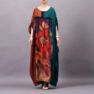 Contrast Color Plus Size Maxi Dress Silk Printed Caftan