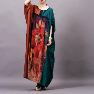 Contrast Color Plus Size Maxi Dress Silk Printed Caftan