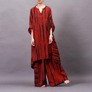 V-Neck Striped Asymmetrical Oversized Shirt with Silky Wide Leg Pants