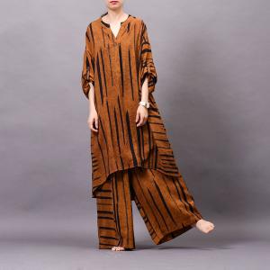 V-Neck Striped Asymmetrical Oversized Shirt with Silky Wide Leg Pants