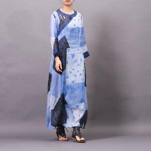 Blue Patchwork Big Slits Dress Loose Ramie Vacation Dress