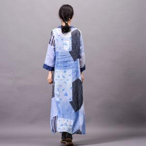 Blue Patchwork Big Slits Dress Loose Ramie Vacation Dress