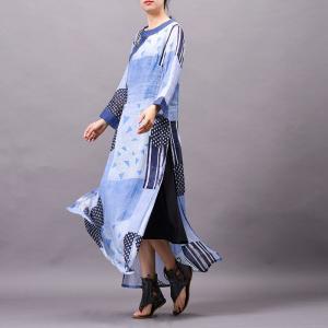 Blue Patchwork Big Slits Dress Loose Ramie Vacation Dress