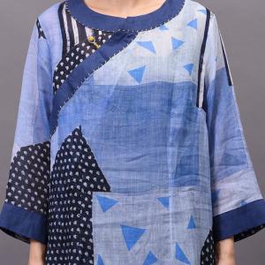 Blue Patchwork Big Slits Dress Loose Ramie Vacation Dress