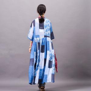 High-Waist Blue Wrap Dress Organic Ramie Flare Spring Dress