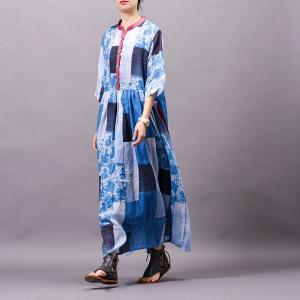 High-Waist Blue Wrap Dress Organic Ramie Flare Spring Dress