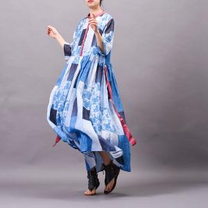 High-Waist Blue Wrap Dress Organic Ramie Flare Spring Dress