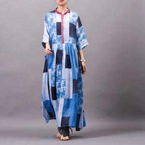 High-Waist Blue Wrap Dress Organic Ramie Flare Spring Dress