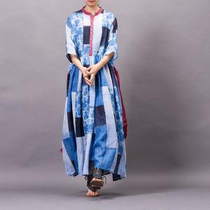 High-Waist Blue Wrap Dress Organic Ramie Flare Spring Dress