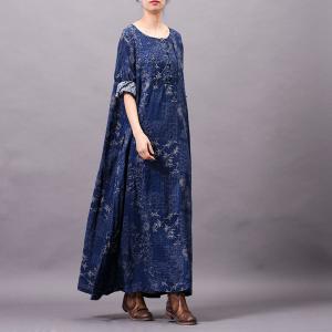 Retro Printed Long Sleeve Shift Dress Cotton Linen Maxi Dress