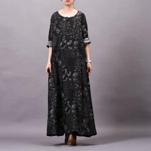 Retro Printed Long Sleeve Shift Dress Cotton Linen Maxi Dress