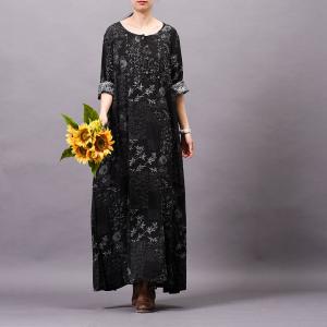 Retro Printed Long Sleeve Shift Dress Cotton Linen Maxi Dress