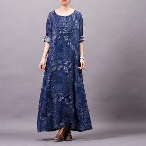 Retro Printed Long Sleeve Shift Dress Cotton Linen Maxi Dress