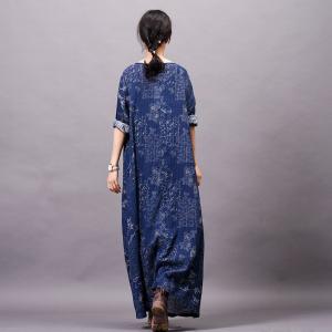 Retro Printed Long Sleeve Shift Dress Cotton Linen Maxi Dress