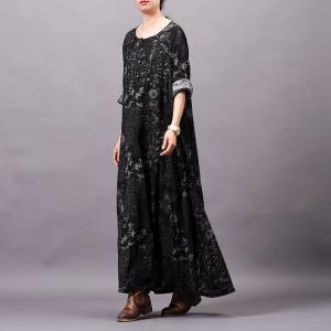 Retro Printed Long Sleeve Shift Dress Cotton Linen Maxi Dress