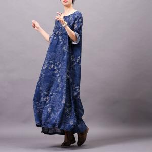 Retro Printed Long Sleeve Shift Dress Cotton Linen Maxi Dress