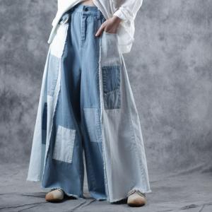 Contrast Color Blue Patchwork Palazzo Pants Wide Leg Frayed Jeans