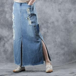 Korean Style Big Slits Maxi Skirt Ripped Denim Skirt