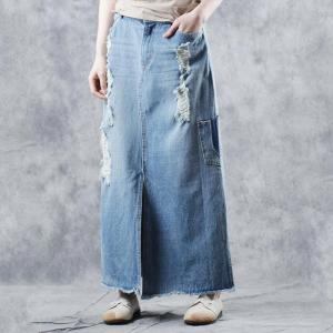 Korean Style Big Slits Maxi Skirt Ripped Denim Skirt