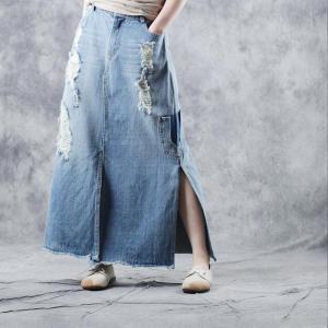 Korean Style Big Slits Maxi Skirt Ripped Denim Skirt