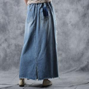 Korean Style Big Slits Maxi Skirt Ripped Denim Skirt