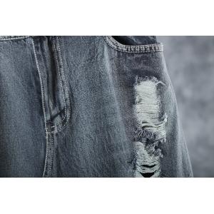 Hollow-Out Denim A-Line Skirt Side Slits Black Frayed Jean Skirt