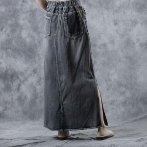 Hollow-Out Denim A-Line Skirt Side Slits Black Frayed Jean Skirt