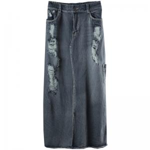 Hollow-Out Denim A-Line Skirt Side Slits Black Frayed Jean Skirt