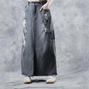 Hollow-Out Denim A-Line Skirt Side Slits Black Frayed Jean Skirt