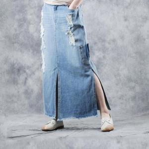 Hollow-Out Denim A-Line Skirt Side Slits Black Frayed Jean Skirt