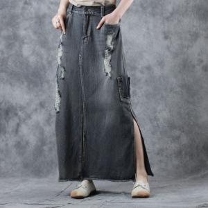 Hollow-Out Denim A-Line Skirt Side Slits Black Frayed Jean Skirt