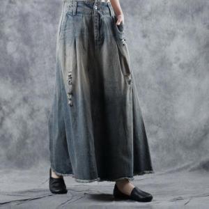 High-Waist Maxi Frayed Skirt Loose Denim Ripped Skirt